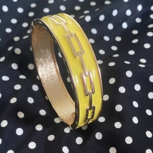 Vintage Gold Tone Yellow Enamel Hinged Bangle Bracelet H Link Cuff Statement
